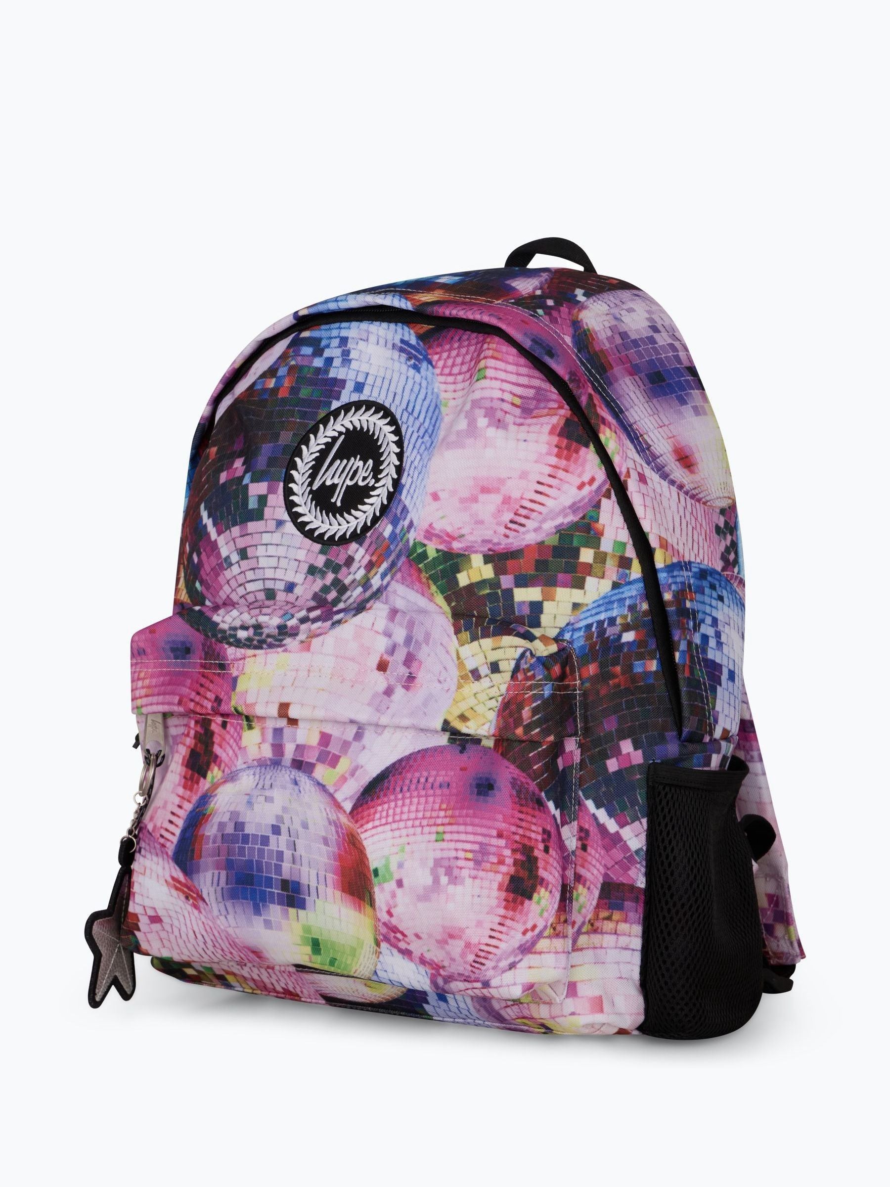 Hype pink disco backpack with bold graphics and keyring, imported from the UK