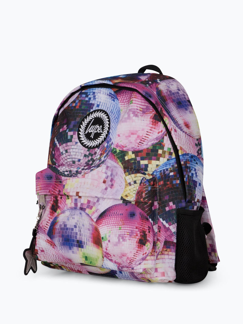 Hype pink disco backpack with bold graphics and keyring, imported from the UK