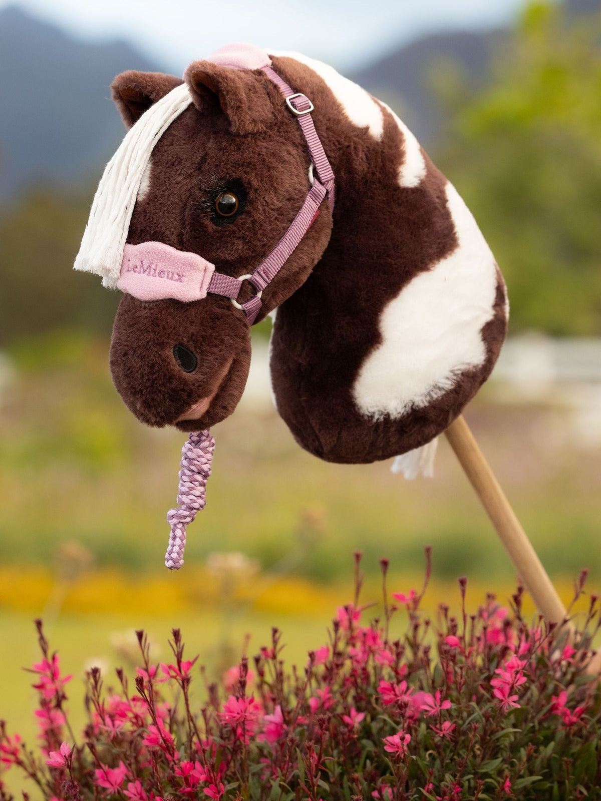 LeMieux pink hobby horse headcollar and leadrope, imported from the UK