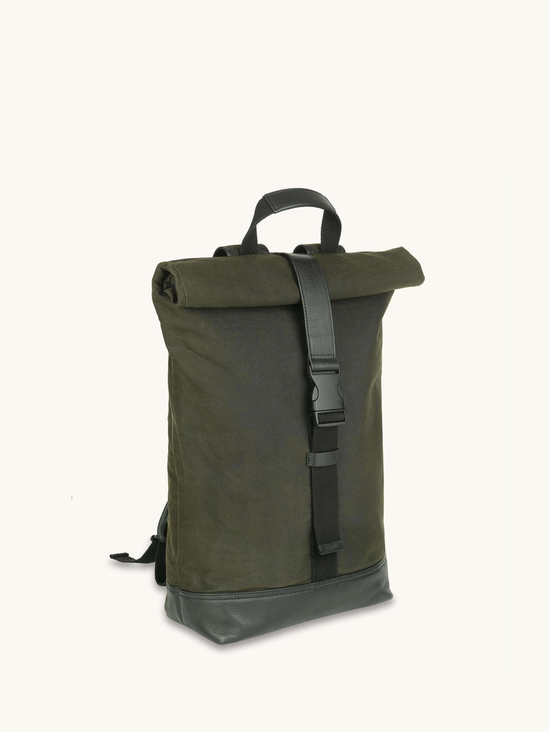 Apatchy Green Cavendish waxed canvas leather backpack, imported from the UK