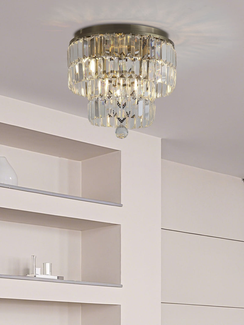 Searchlight antique brass flush ceiling light with crystal tiles, UK version