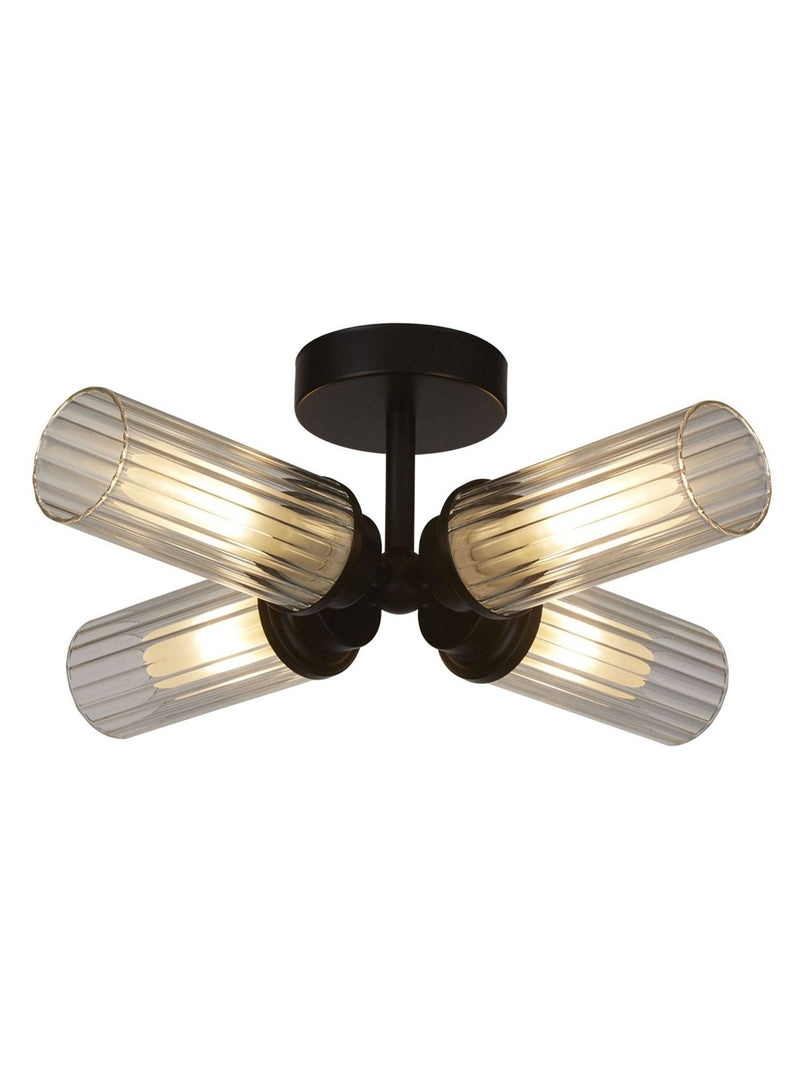 Searchlight black flush ceiling light with ribbed glass, UK version