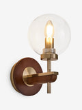 Archer wall light in dark natural wood with brass accents, British product