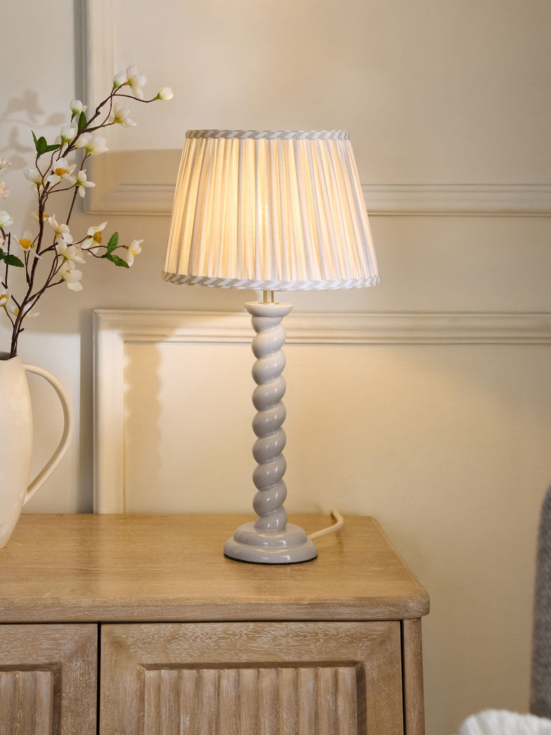 Barley twist table lamp light grey fabric shade, UK version