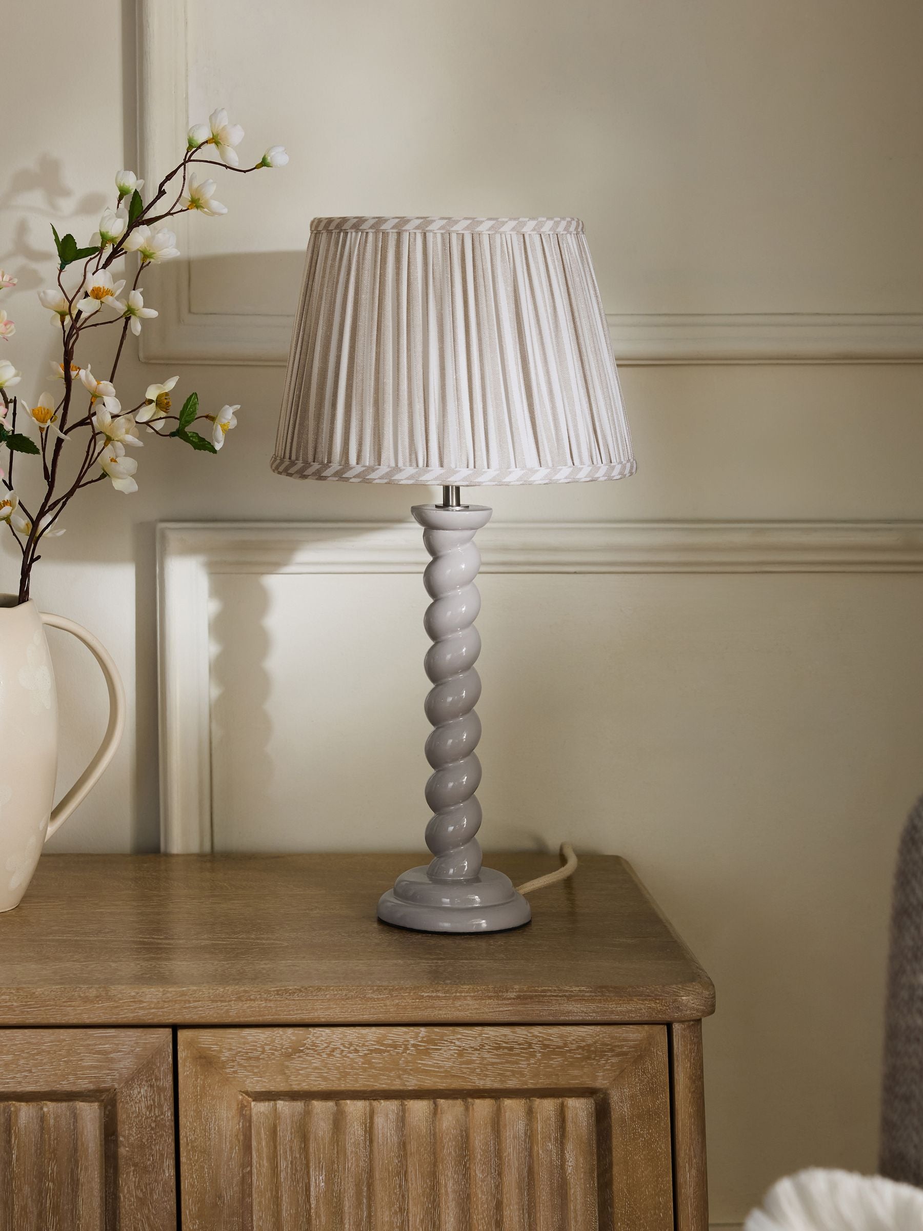Barley twist table lamp light grey fabric shade, UK version