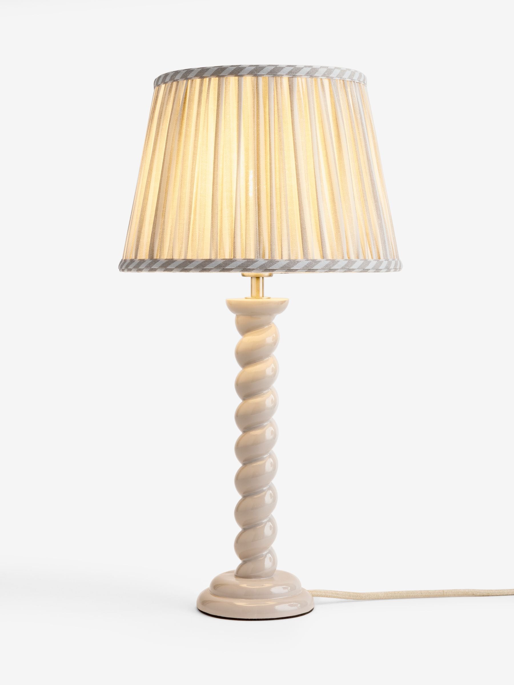 Barley twist table lamp light grey fabric shade, UK version