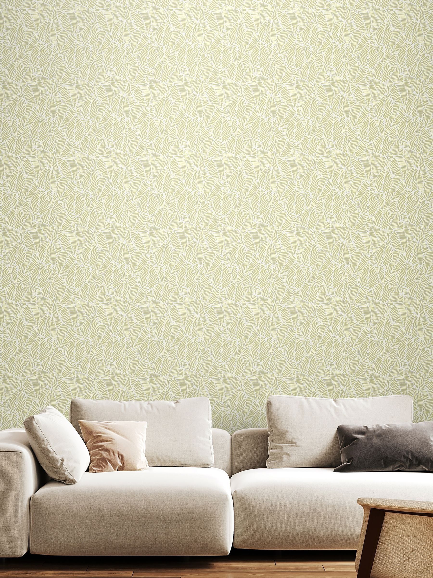 Hoopla Walls Soft Lime Zebra Leaf Linen 10M Wallpaper