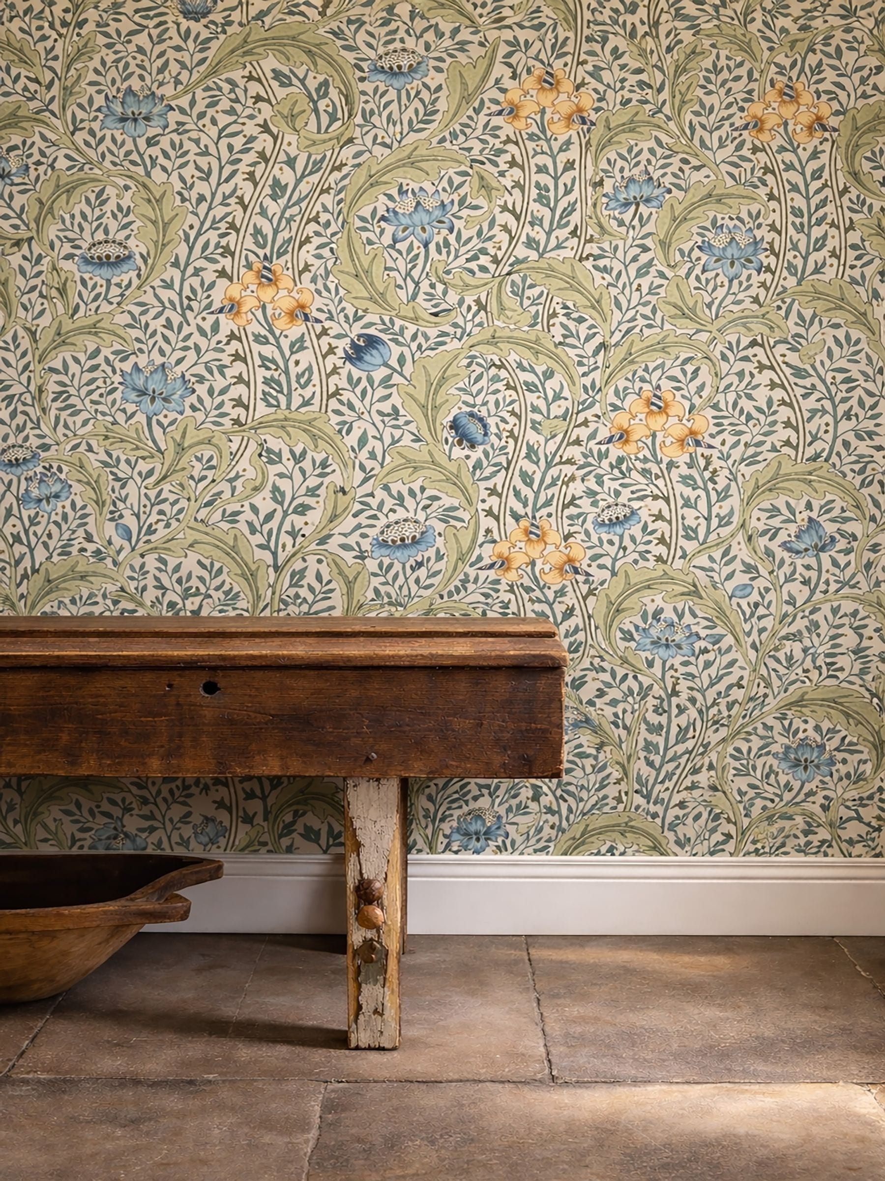 Morris & Co CoralTeal Wild Tulip & Vine Unfinished Works 10m Wallpaper