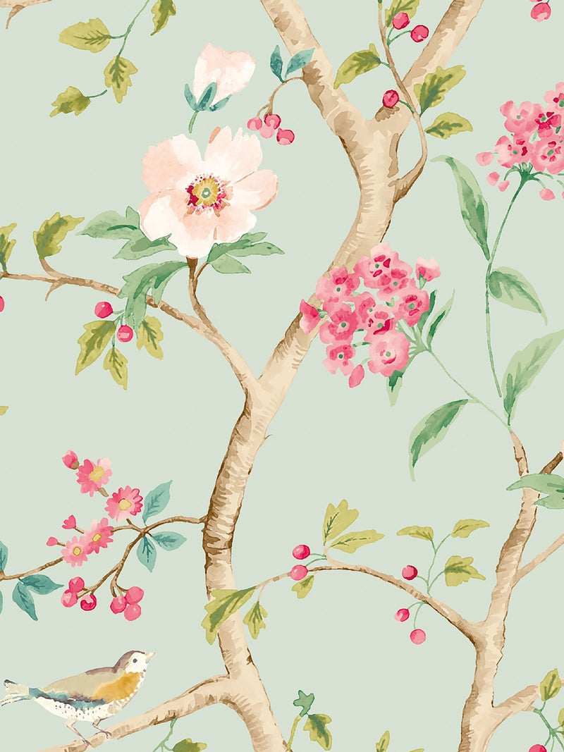 Hoopla Walls Seafoam Rose Bird Song wallpaper 10m, imported from the UK