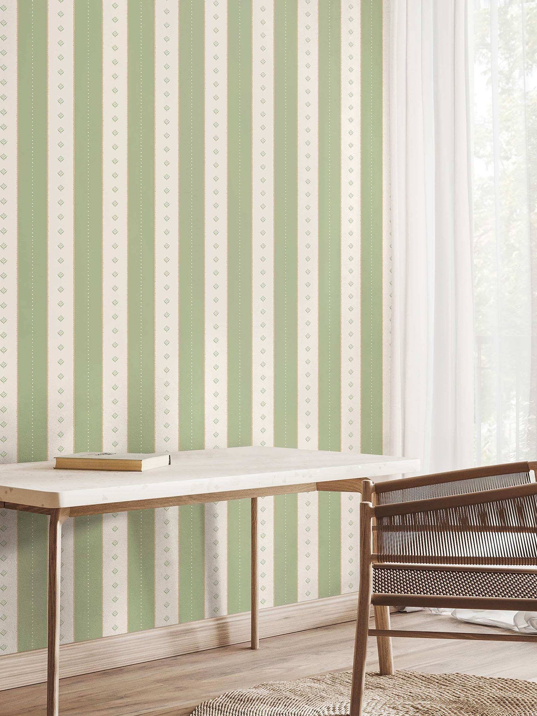 Hoopla Walls Soft Sage Decorative Stripe Linen 10M Wallpaper