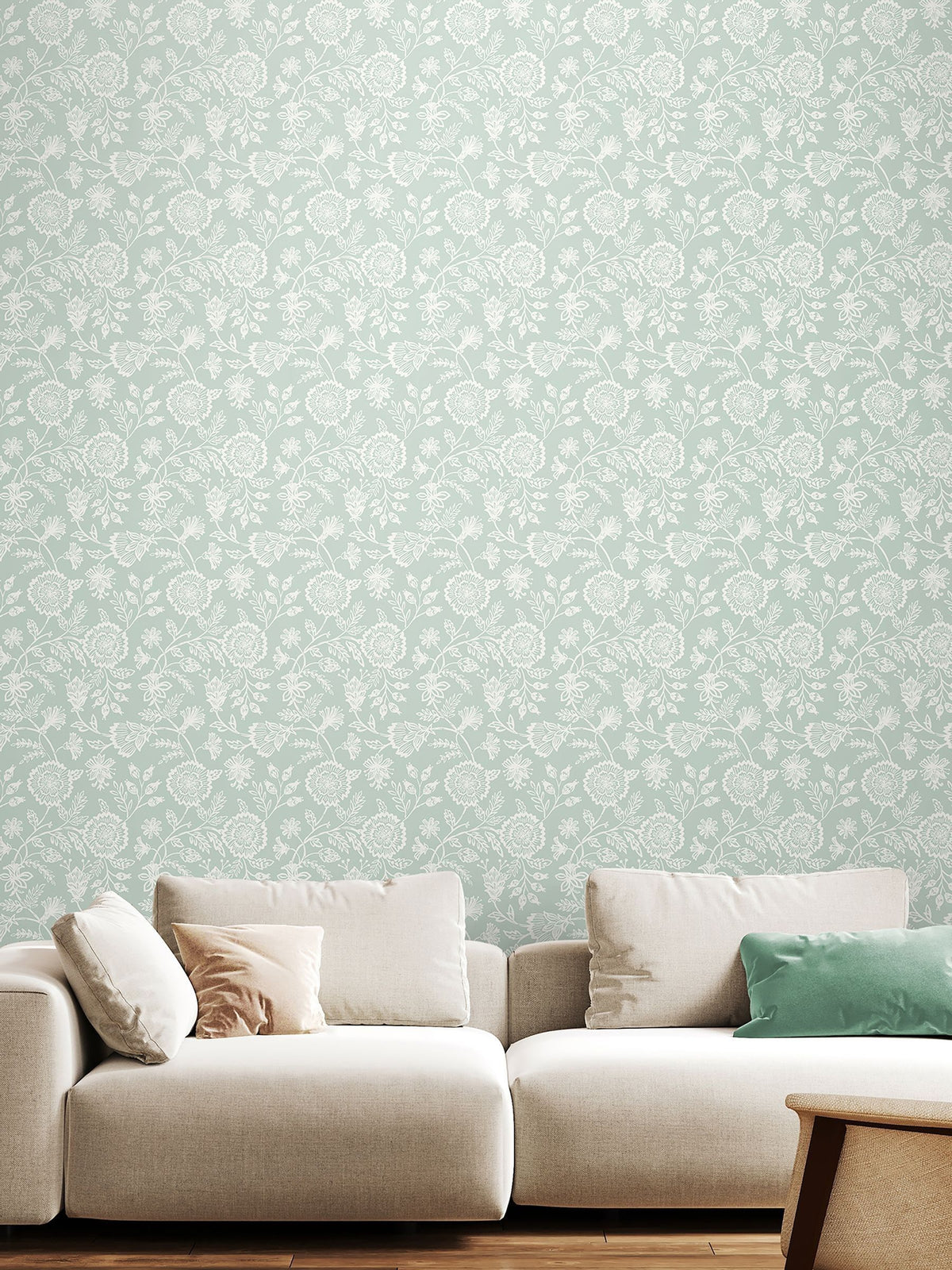 Hoopla Walls Soft Petrol Evelyn Trail Bone 10M Wallpaper