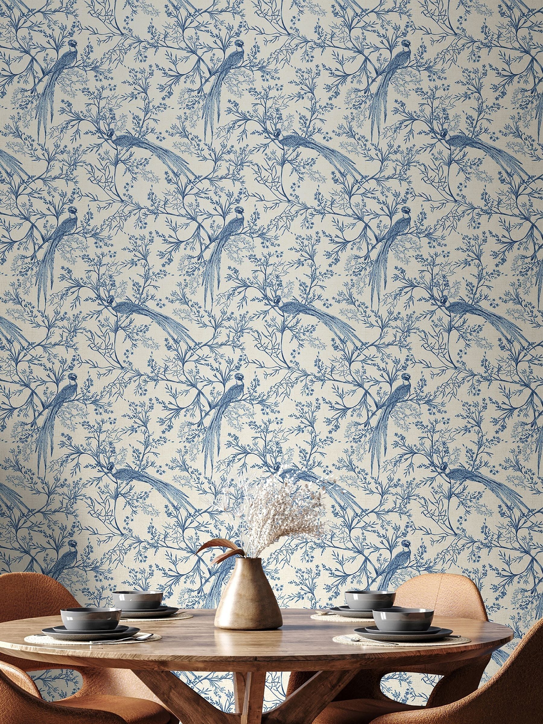 Hoopla Walls Dark Denim Bird Toile Stone 10M Wallpaper