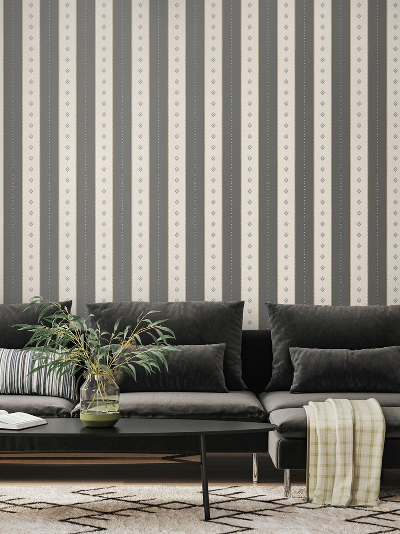 Hoopla Walls Charcoal Stone Decorative Stripe Linen 10M Wallpaper