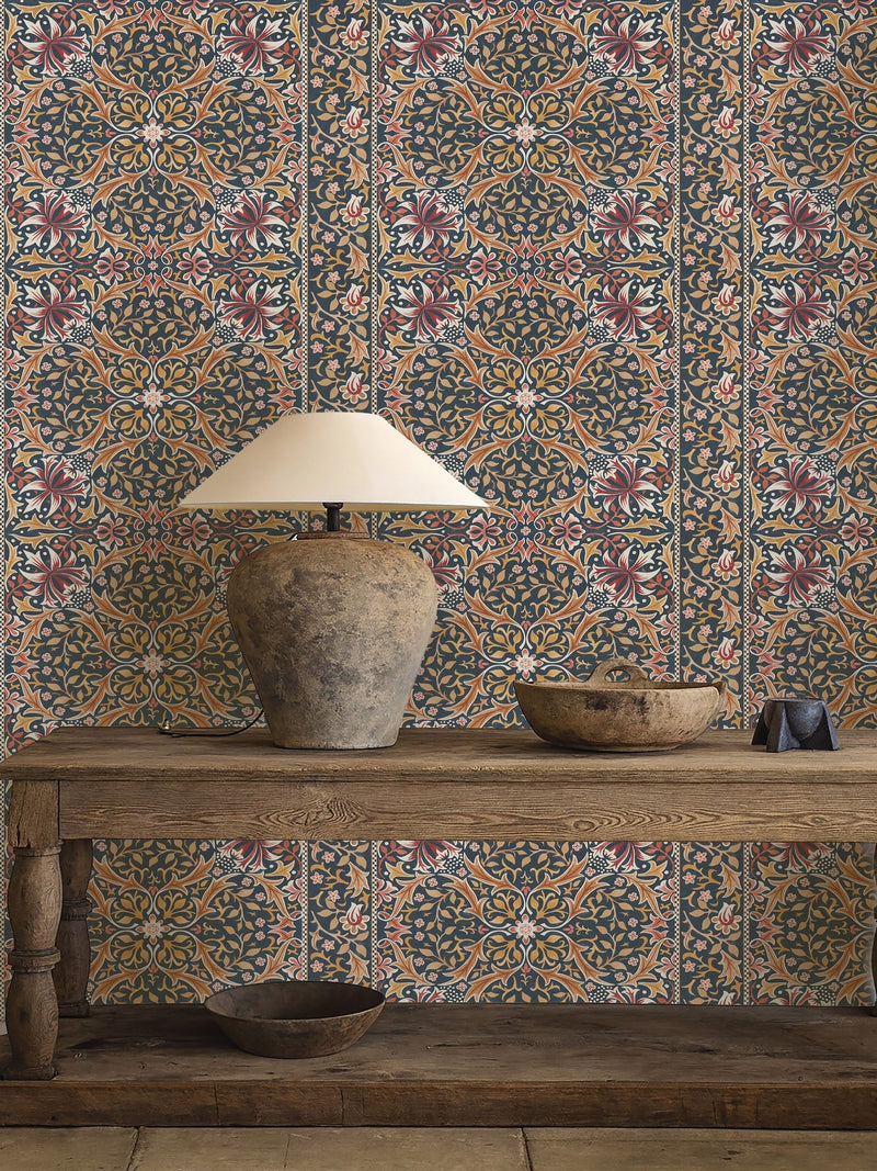Morris & Co Walthamstow IndigoGold wallpaper roll, imported from the UK