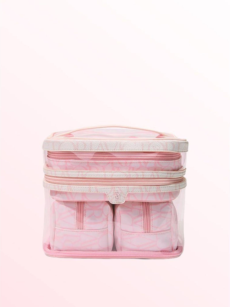 Victoria's Secret Pink and Black Stripe 4 Piece Makeup Bag Set