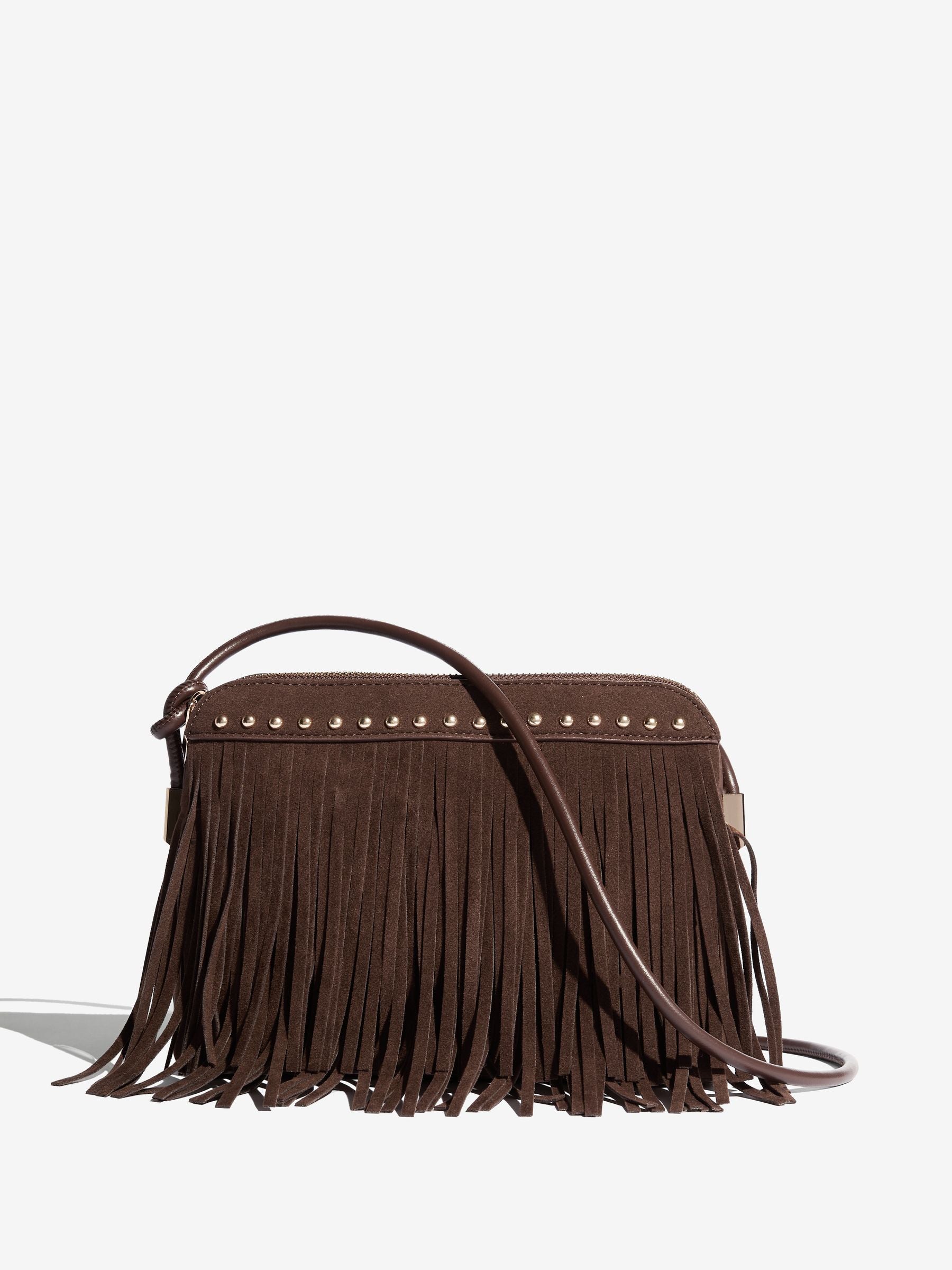 Friends Like These brown suedette cross-body bag with fringe and studs (British brand)