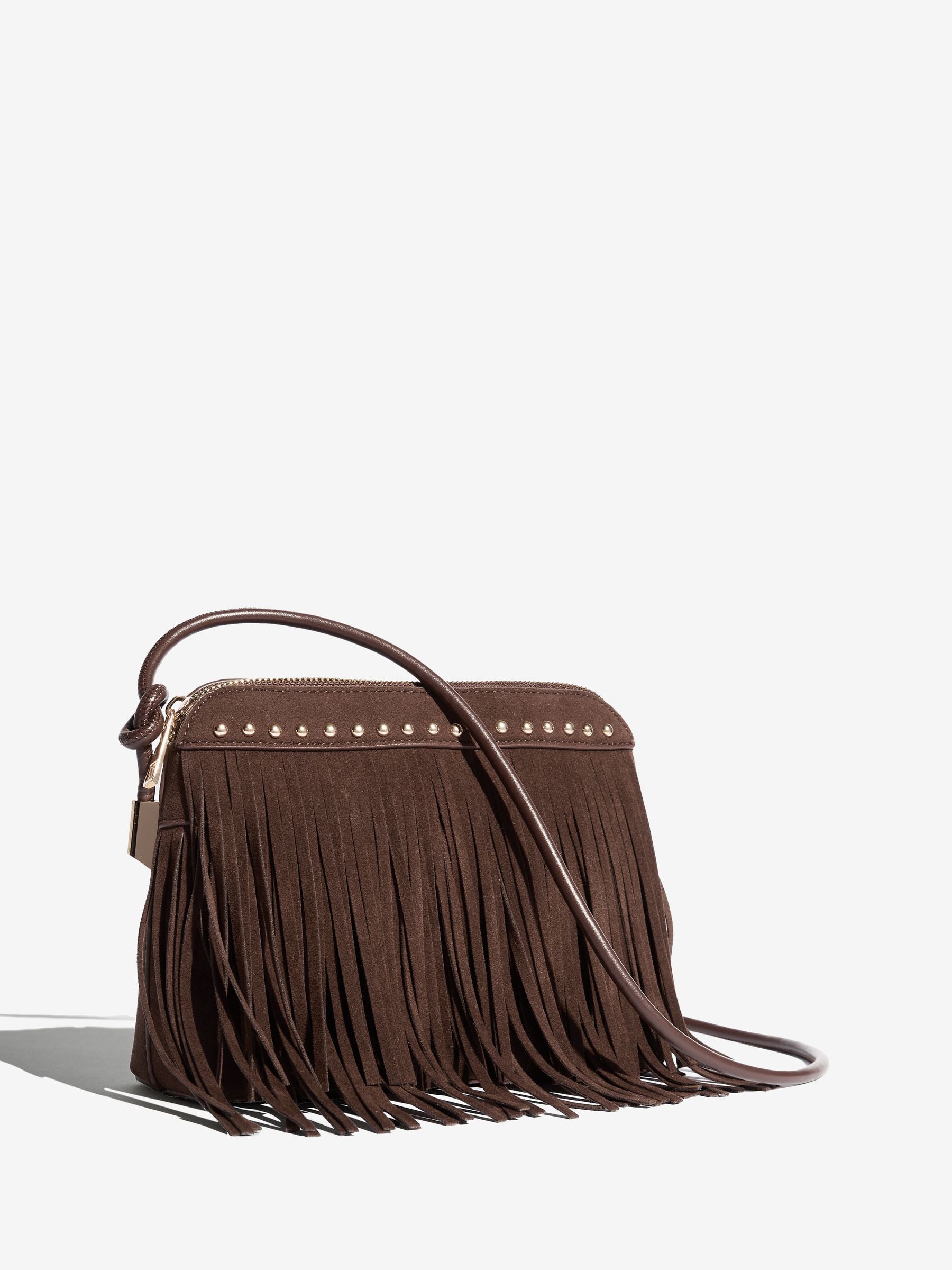 Friends Like These brown suedette cross-body bag with fringe and studs (British brand)