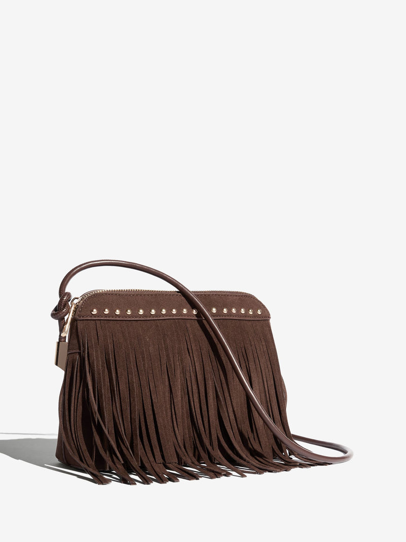 Friends Like These brown suedette cross-body bag with fringe and studs (British brand)