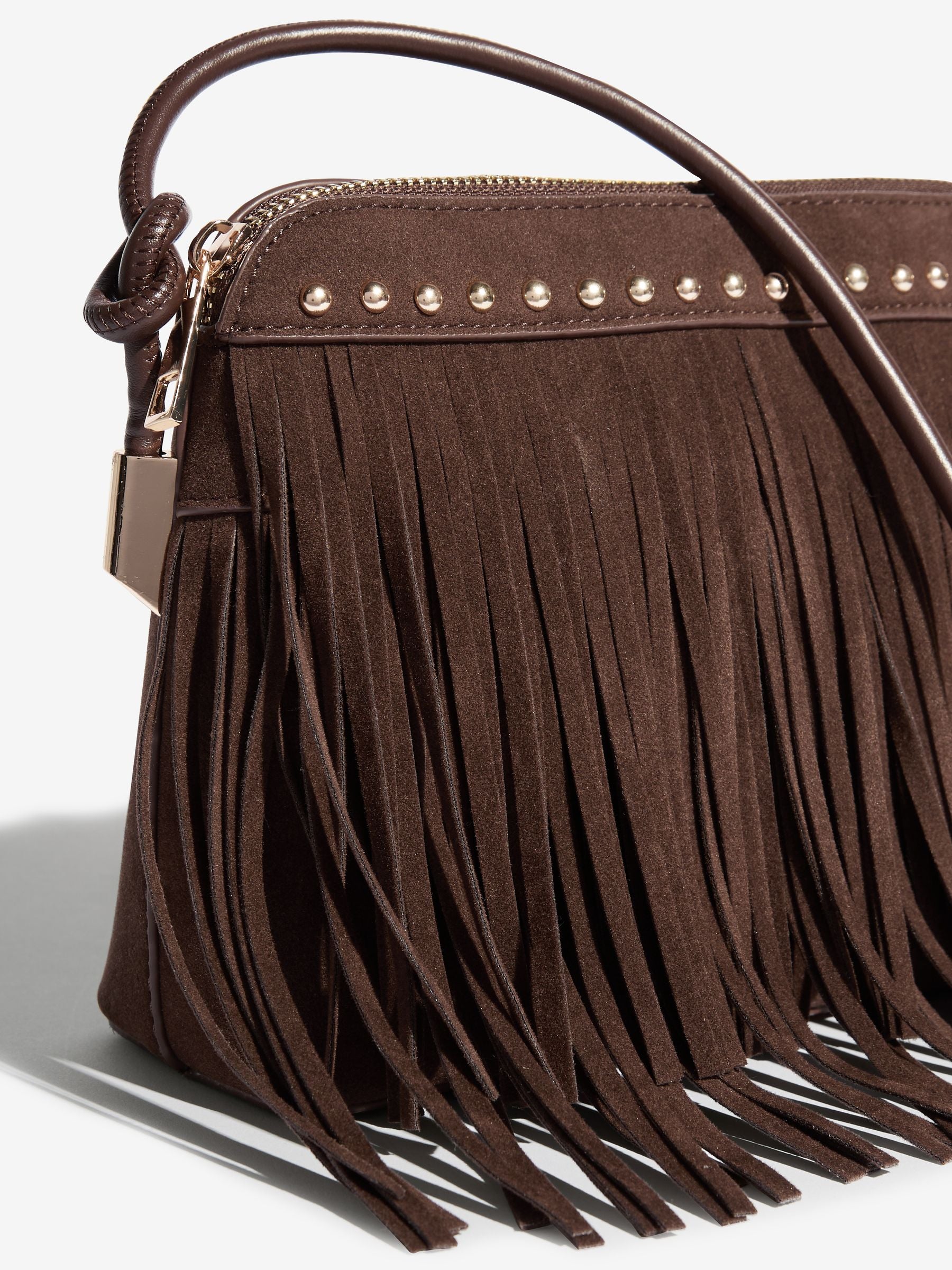 Friends Like These brown suedette cross-body bag with fringe and studs (British brand)
