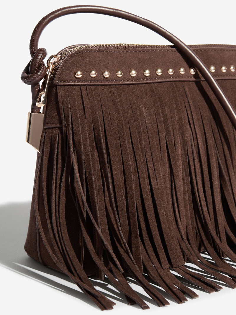 Friends Like These brown suedette cross-body bag with fringe and studs (British brand)