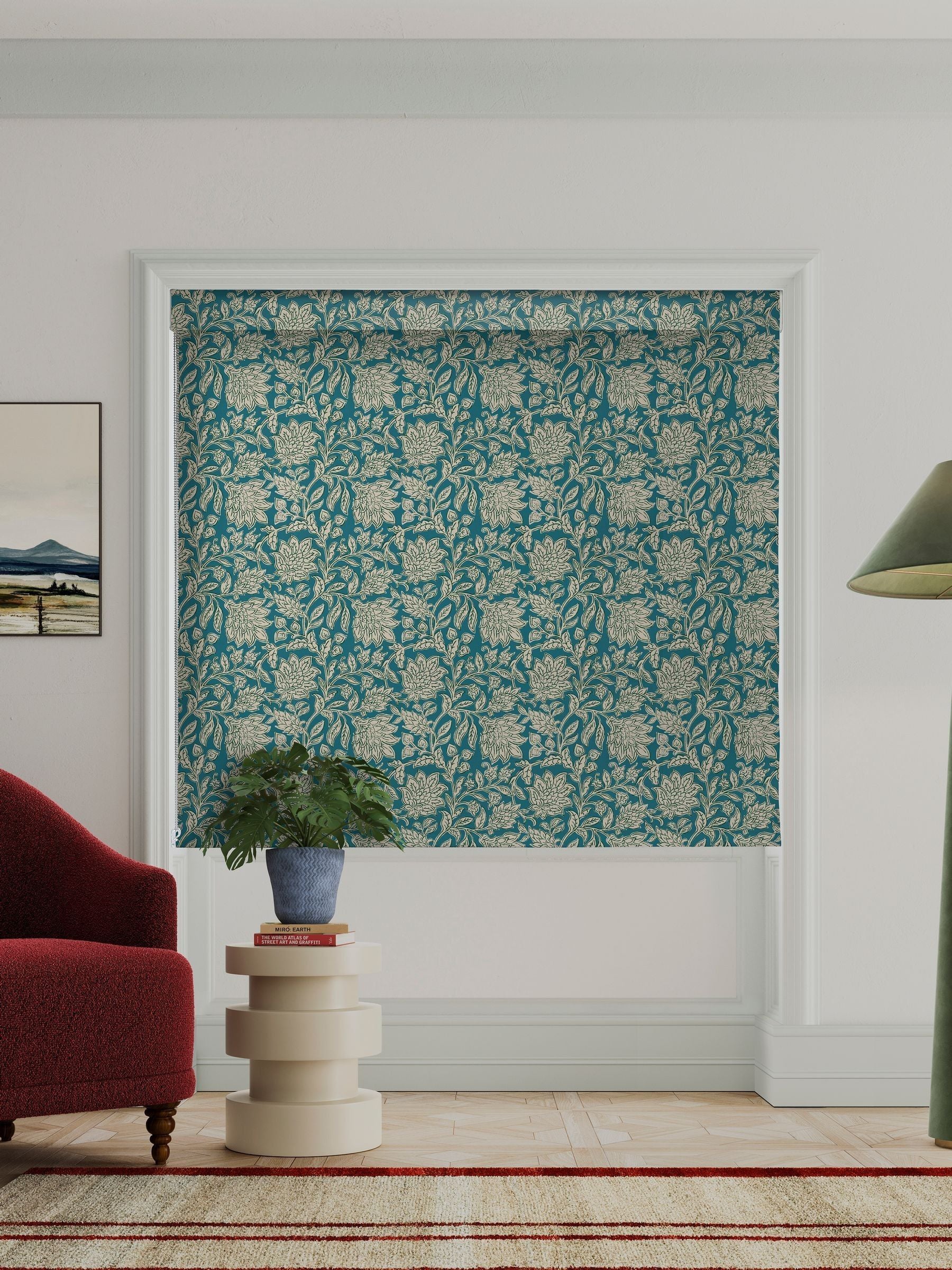 Land & Shore teal Rowallane roman blinds, UK version