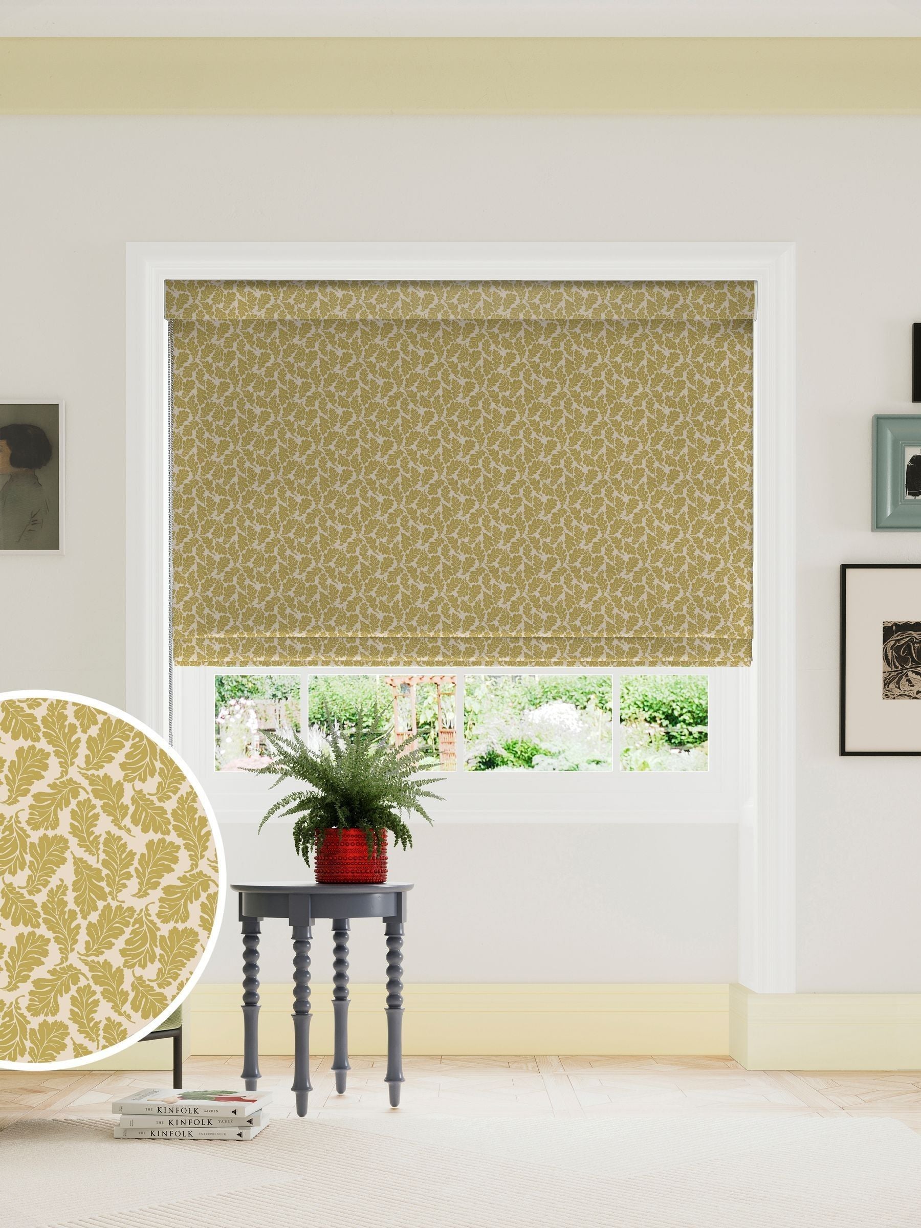 Land & Shore oak leaf roman blind yellow, imported from the UK