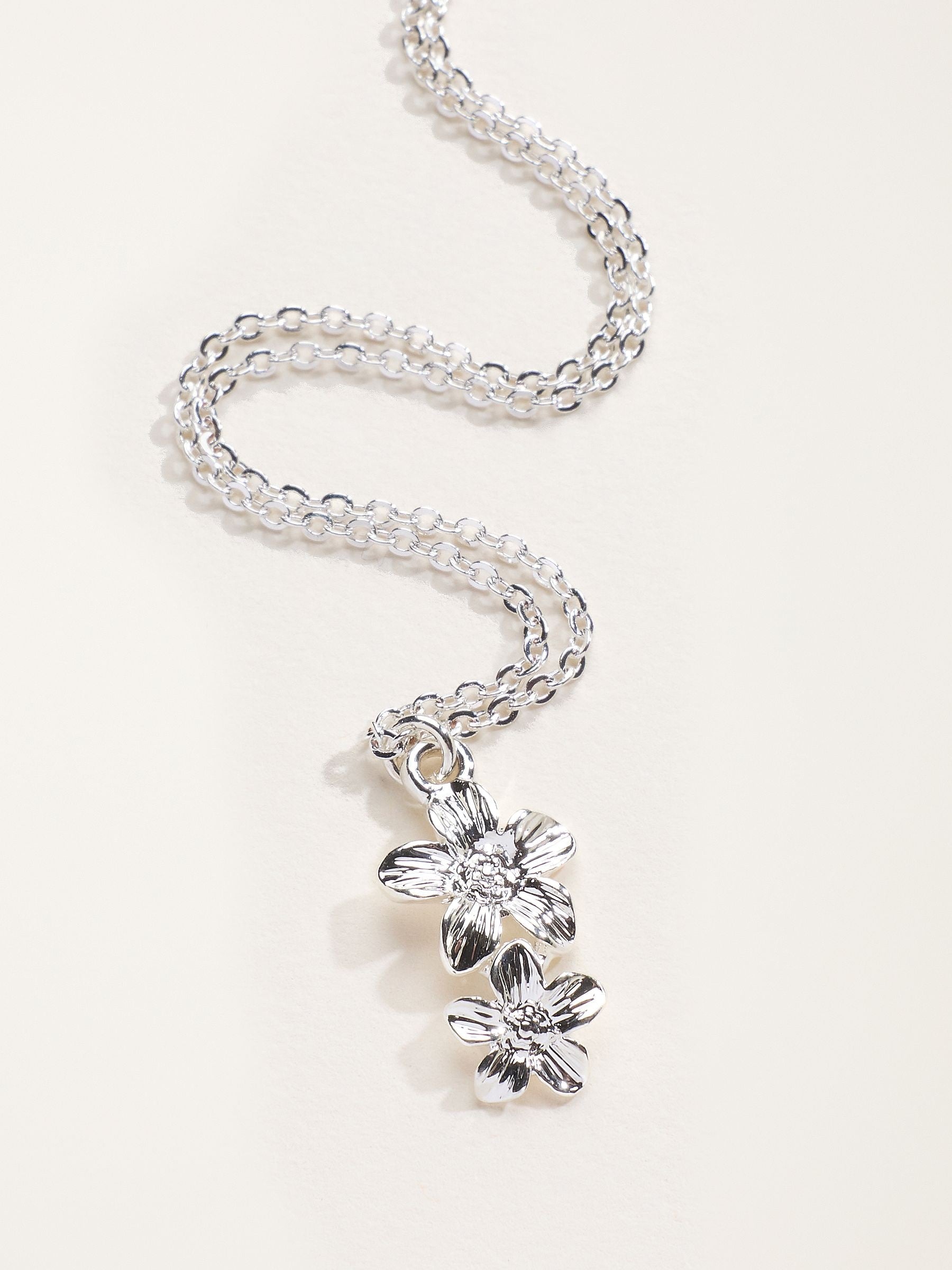 FatFace double flower silver tone necklace 23cm, imported from the UK
