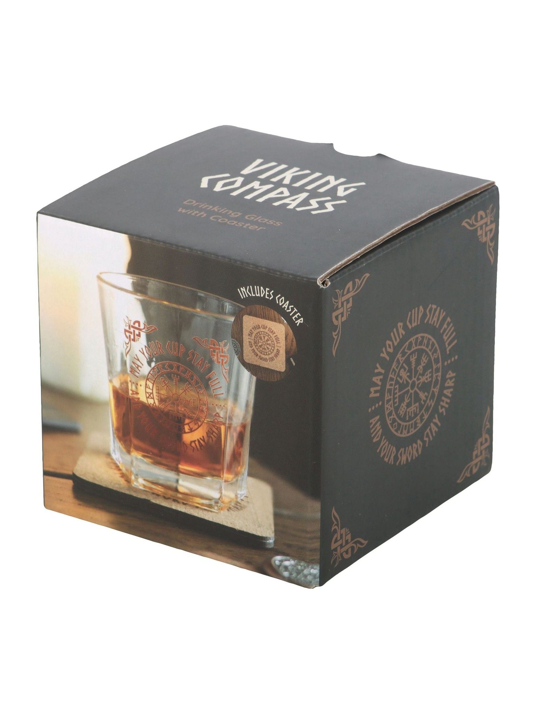 Something Different Viking compass lowball glass with coaster, UK version