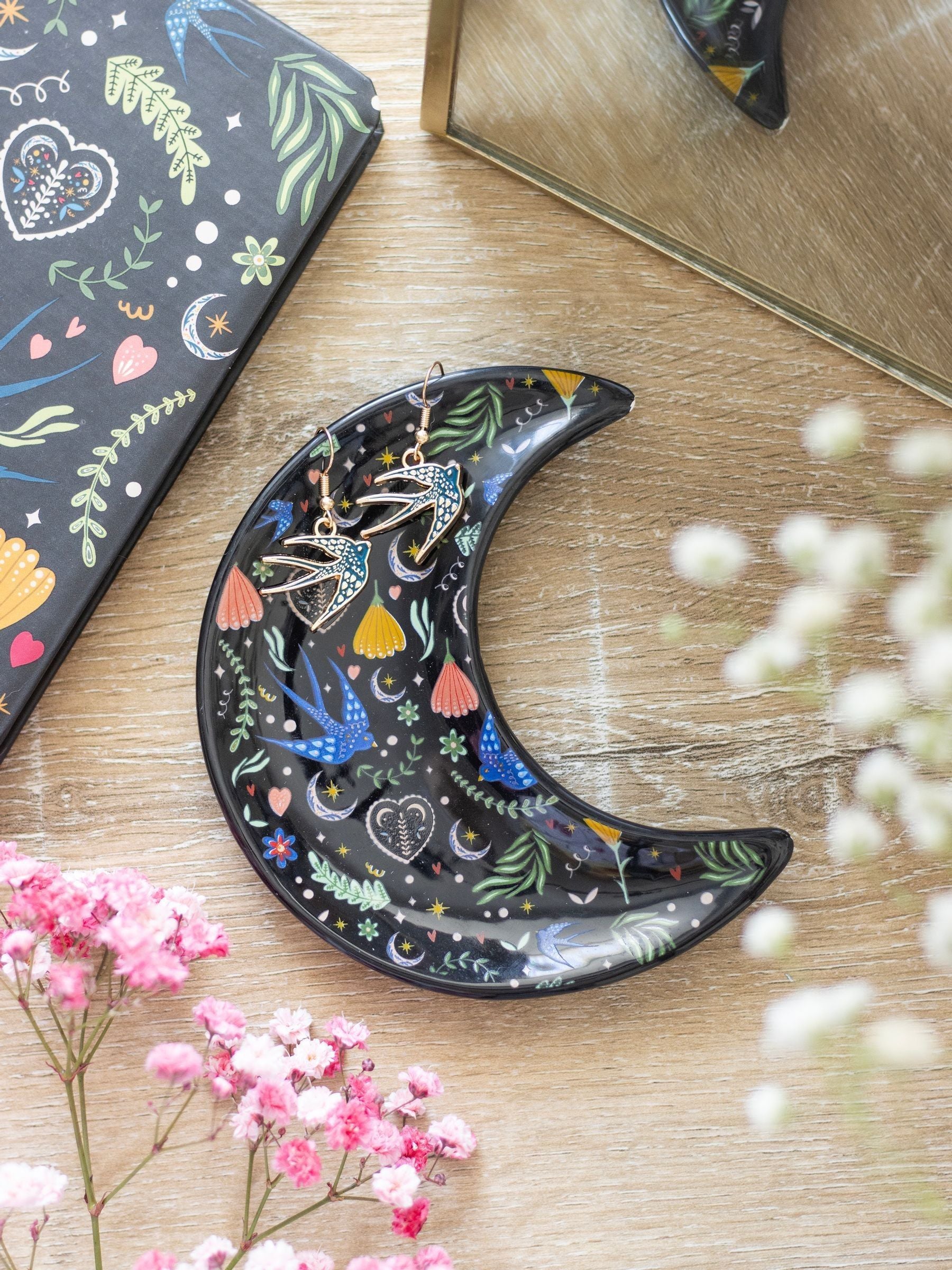Something Different Midnight Bloom crescent moon trinket dish, imported from the UK