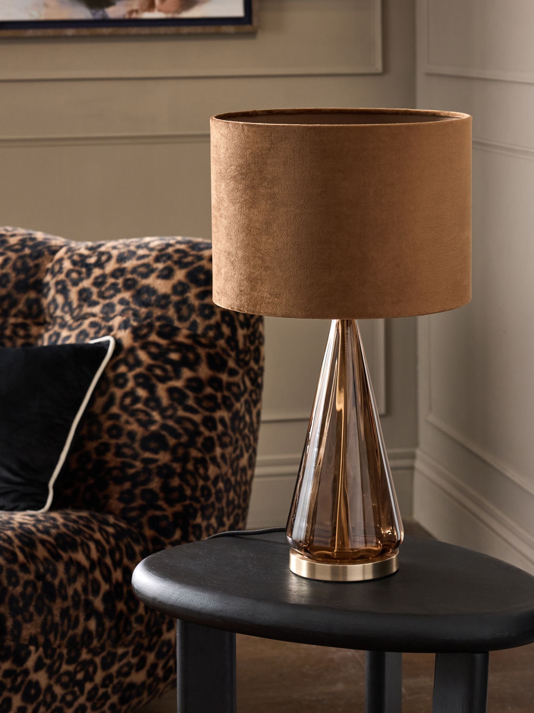 Chocolate brown Rimini table lamp with velvet shade, imported from the UK