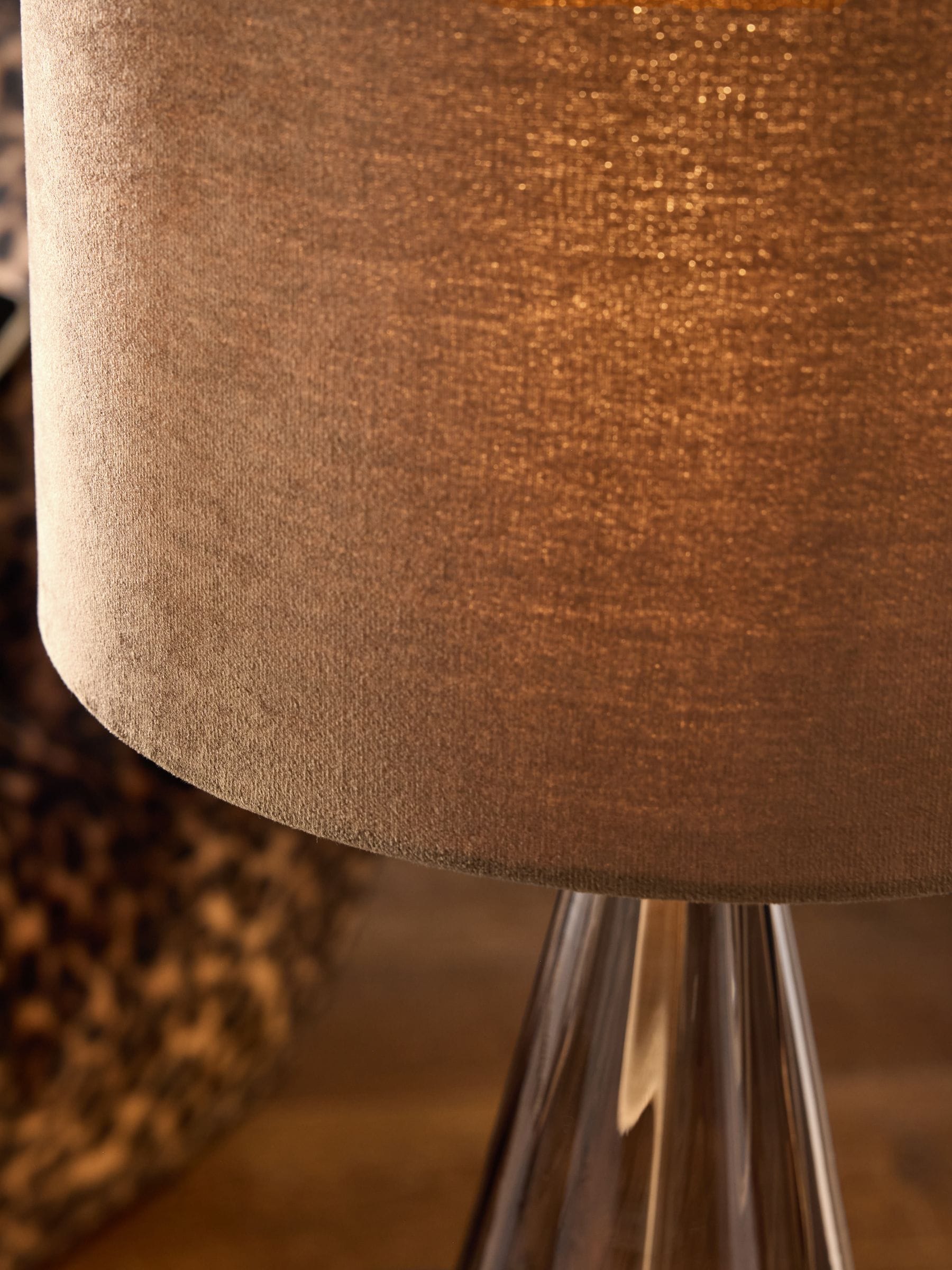 Chocolate brown Rimini table lamp with velvet shade, imported from the UK