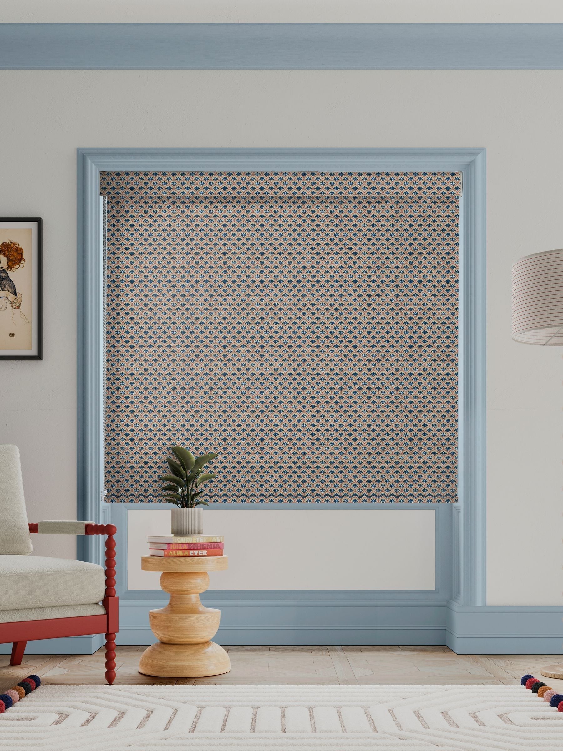Land & Shore Blue Red Dawn made-to-measure roller blind - British product