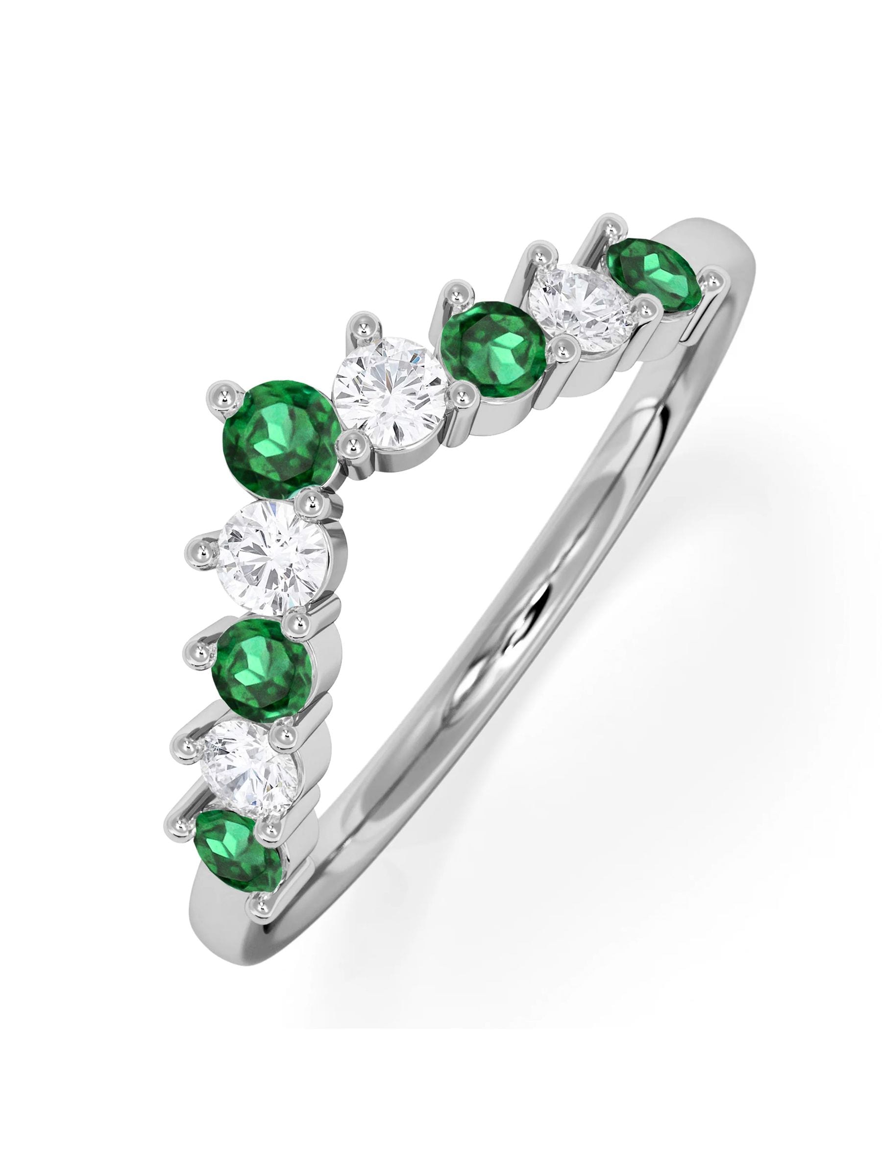 The Diamond Store 9K White Gold Emerald and Lab Diamond Wishbone Ring