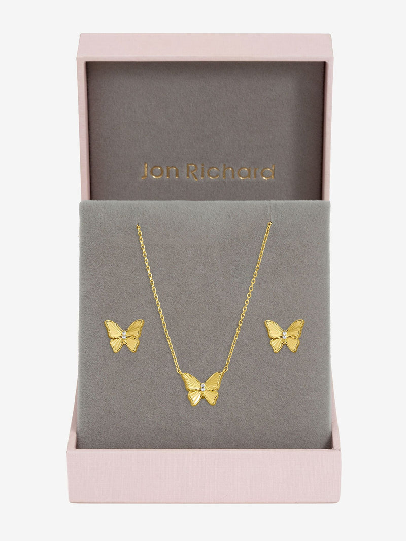 Jon Richard jewellery set gold tone diamond cut butterfly, imported from the UK