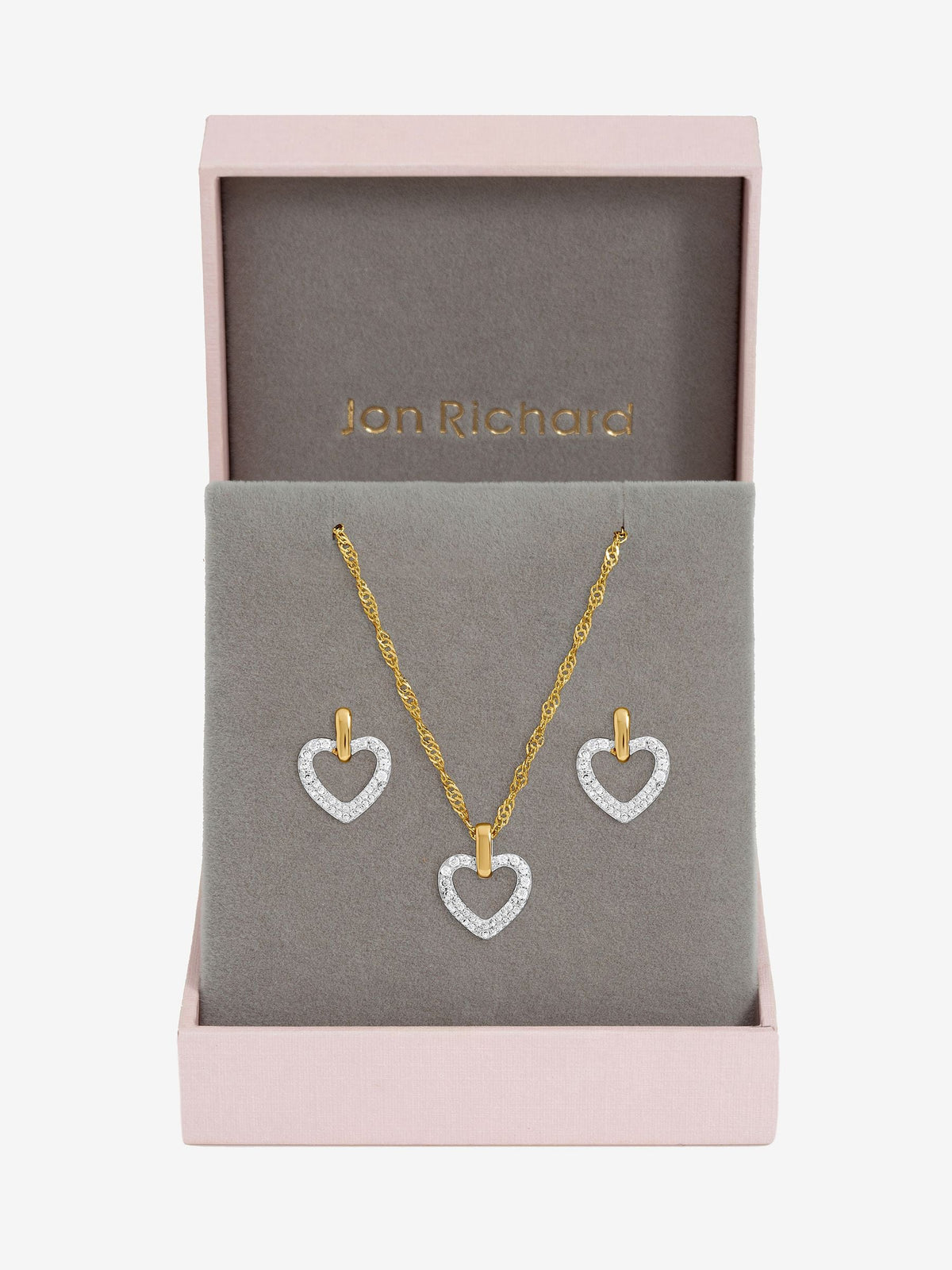 Jon Richard metallic open heart pendant set with cubic zirconia, imported from the UK