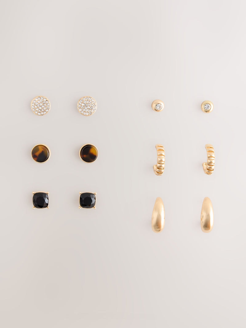 Brown and gold tone stud and hoop earrings 6 pack, imported from the UK