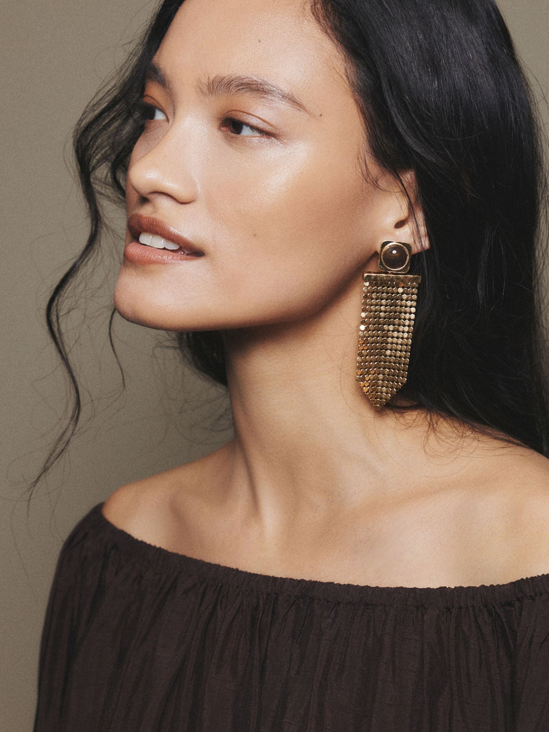 Gold tone brown resin chainmail drop earrings, imported from the UK