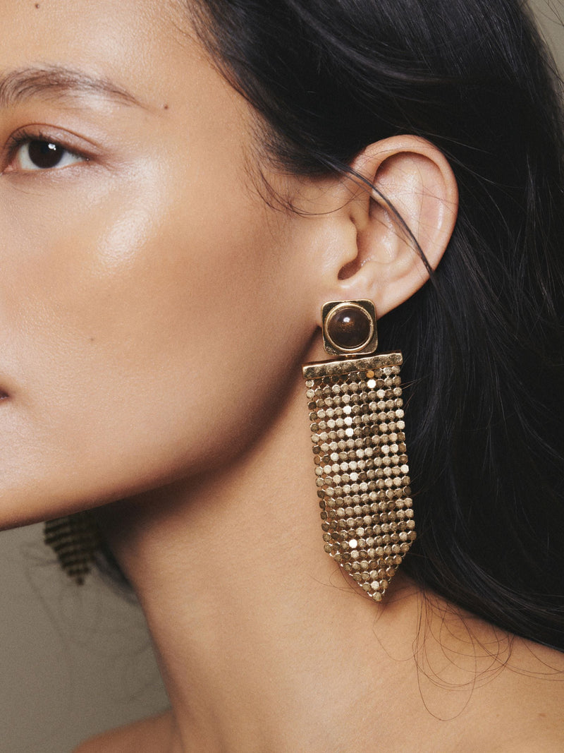 Gold tone brown resin chainmail drop earrings, imported from the UK