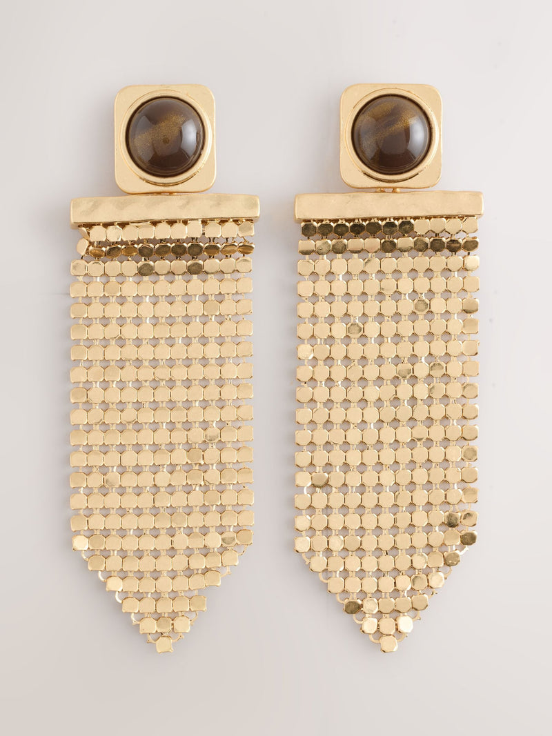 Gold tone brown resin chainmail drop earrings, imported from the UK
