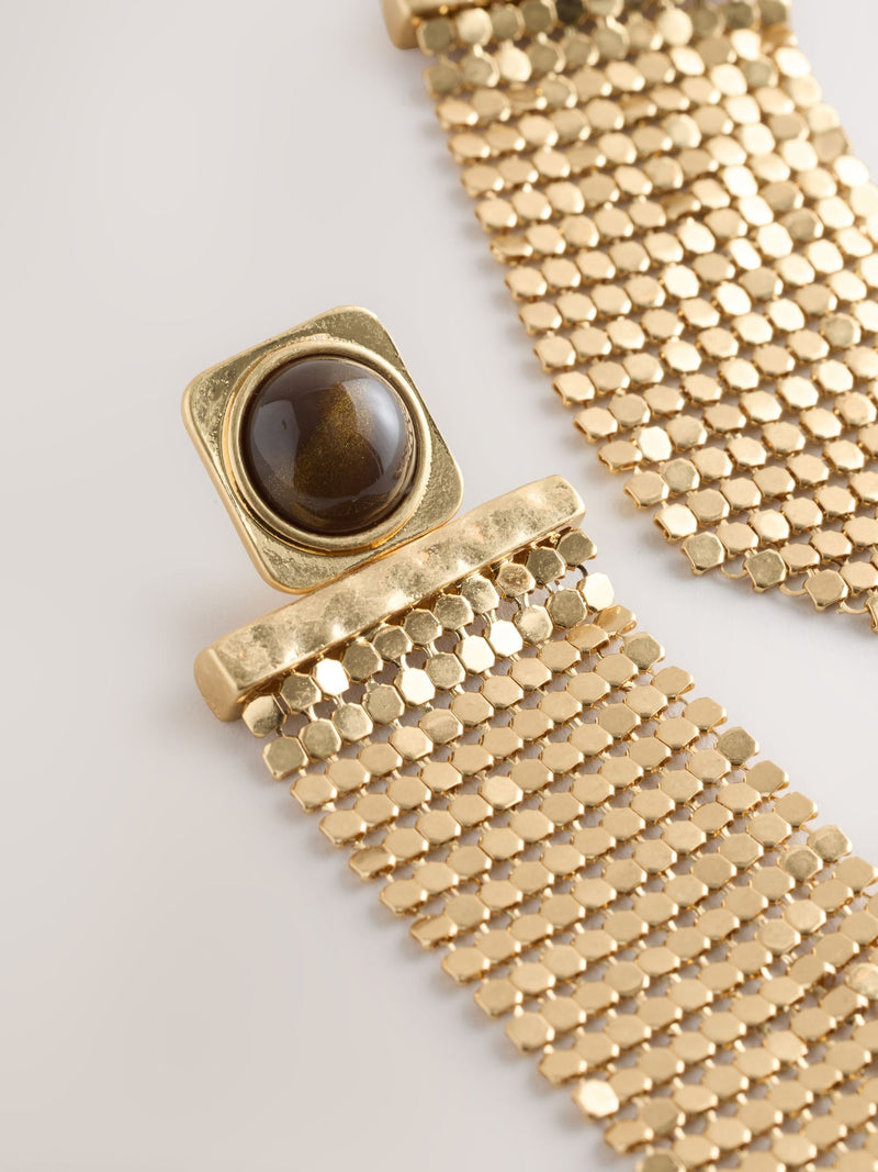 Gold tone brown resin chainmail drop earrings, imported from the UK