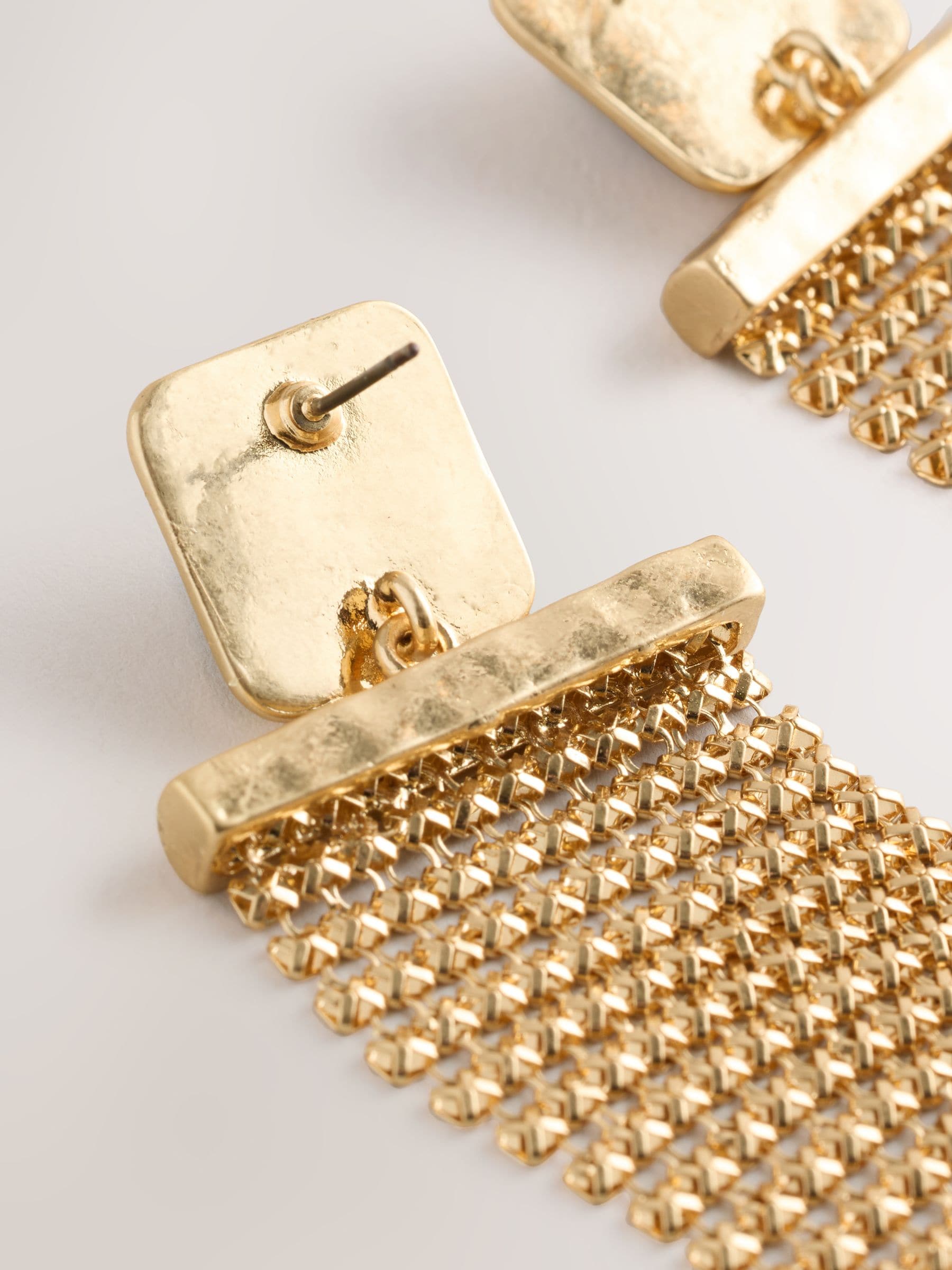 Gold tone brown resin chainmail drop earrings, imported from the UK