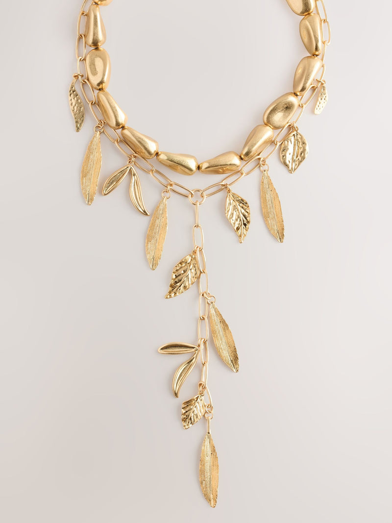 Gold tone feather Y necklace layered design - British product