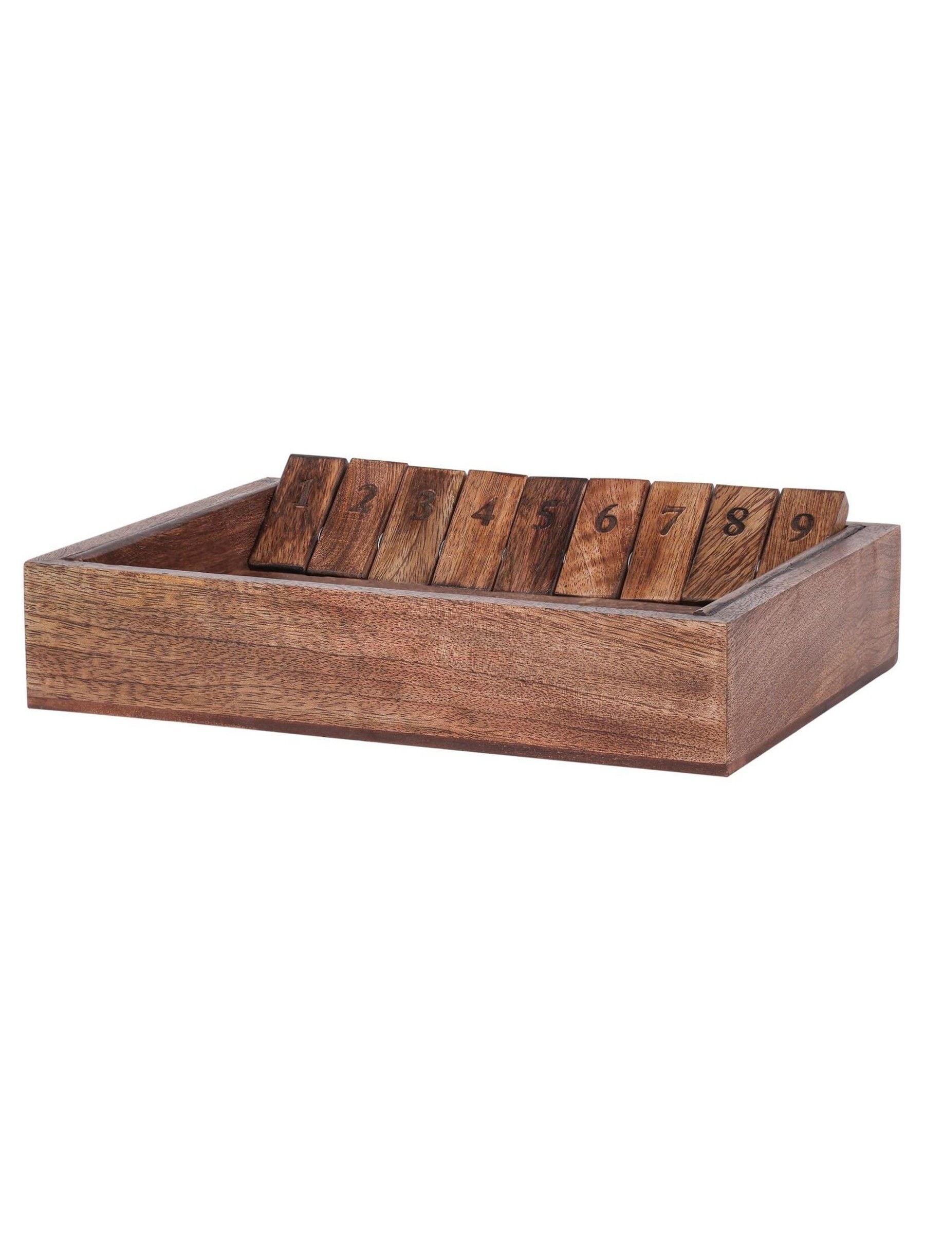 Libra Interiors brown mango wood Shut the Box game, imported from the UK
