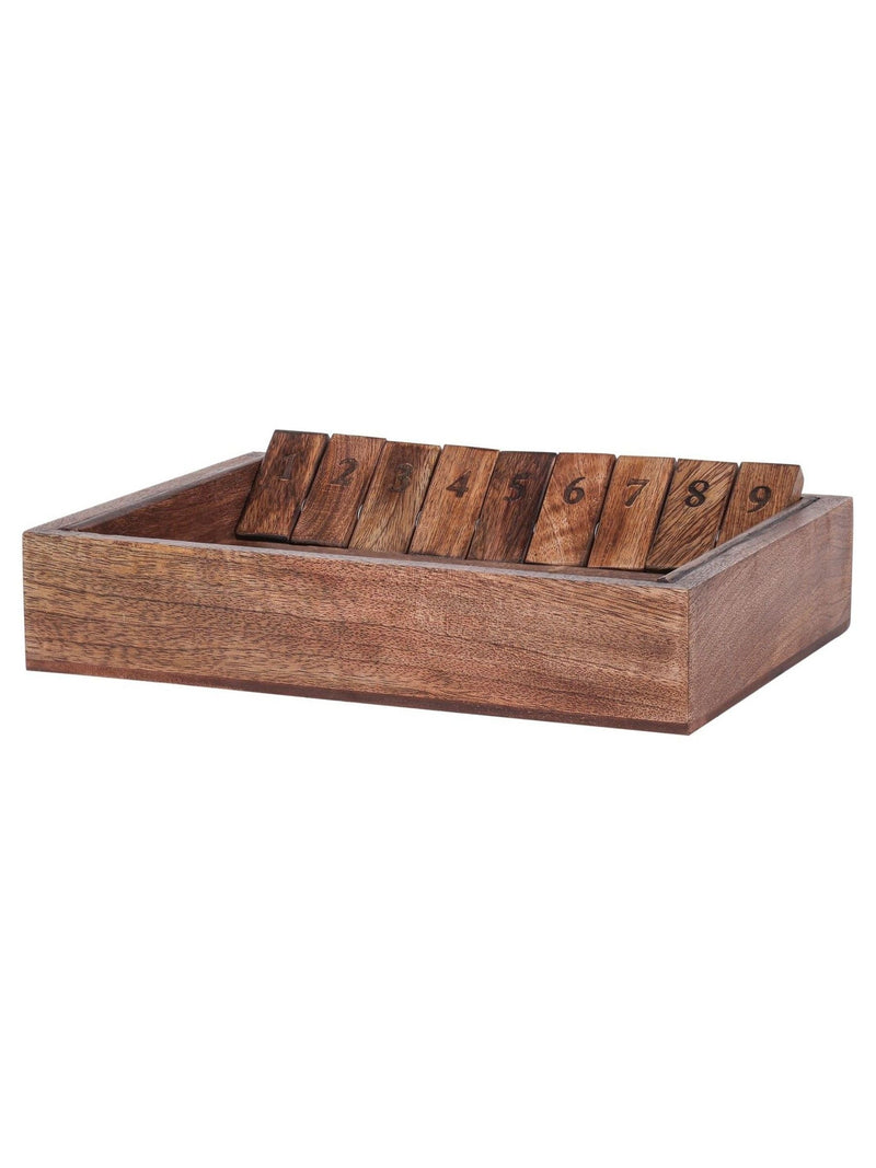 Libra Interiors brown mango wood Shut the Box game, imported from the UK