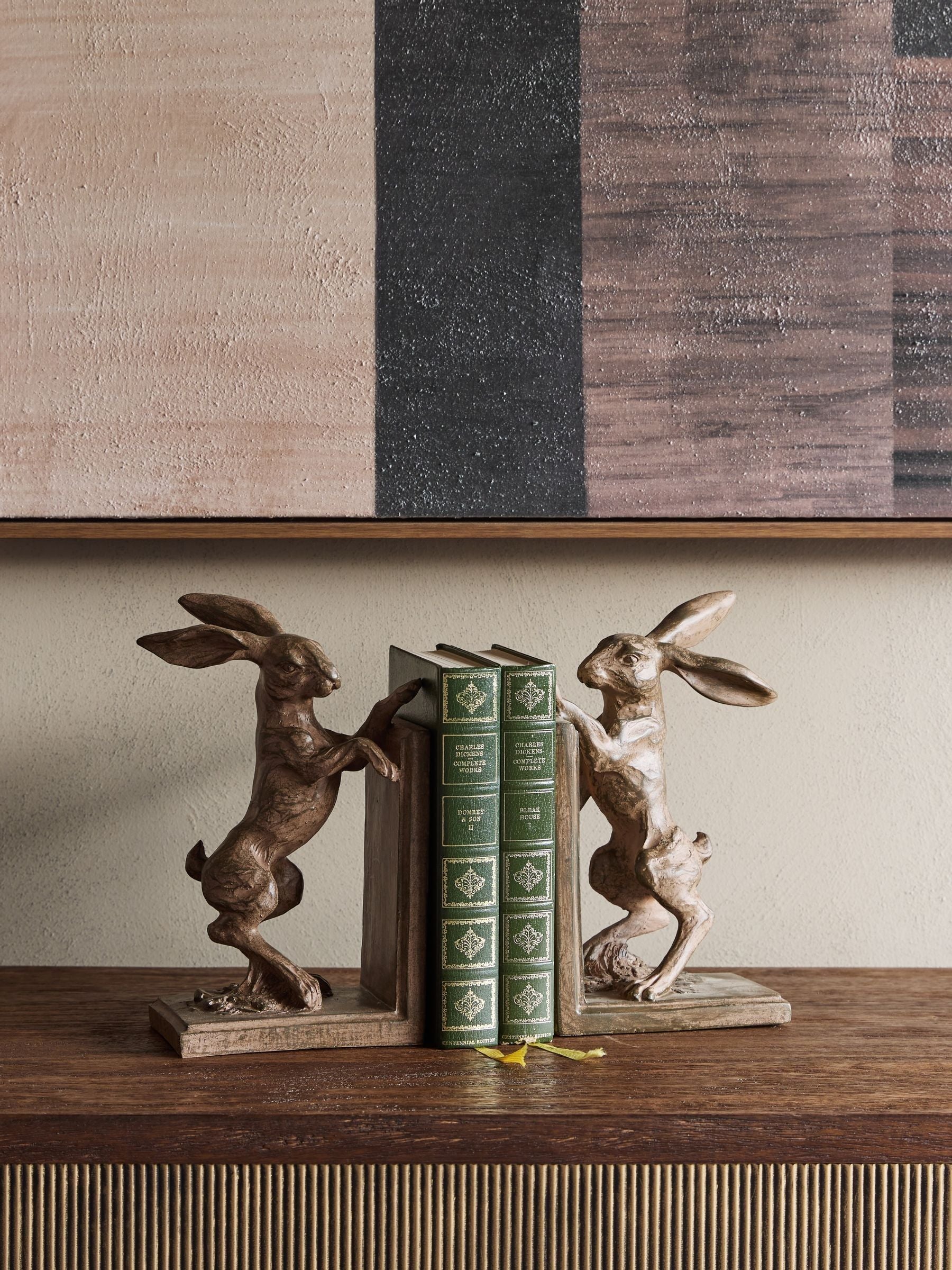 Libra Interiors rustic standing hare bookends 23cm, imported from the UK