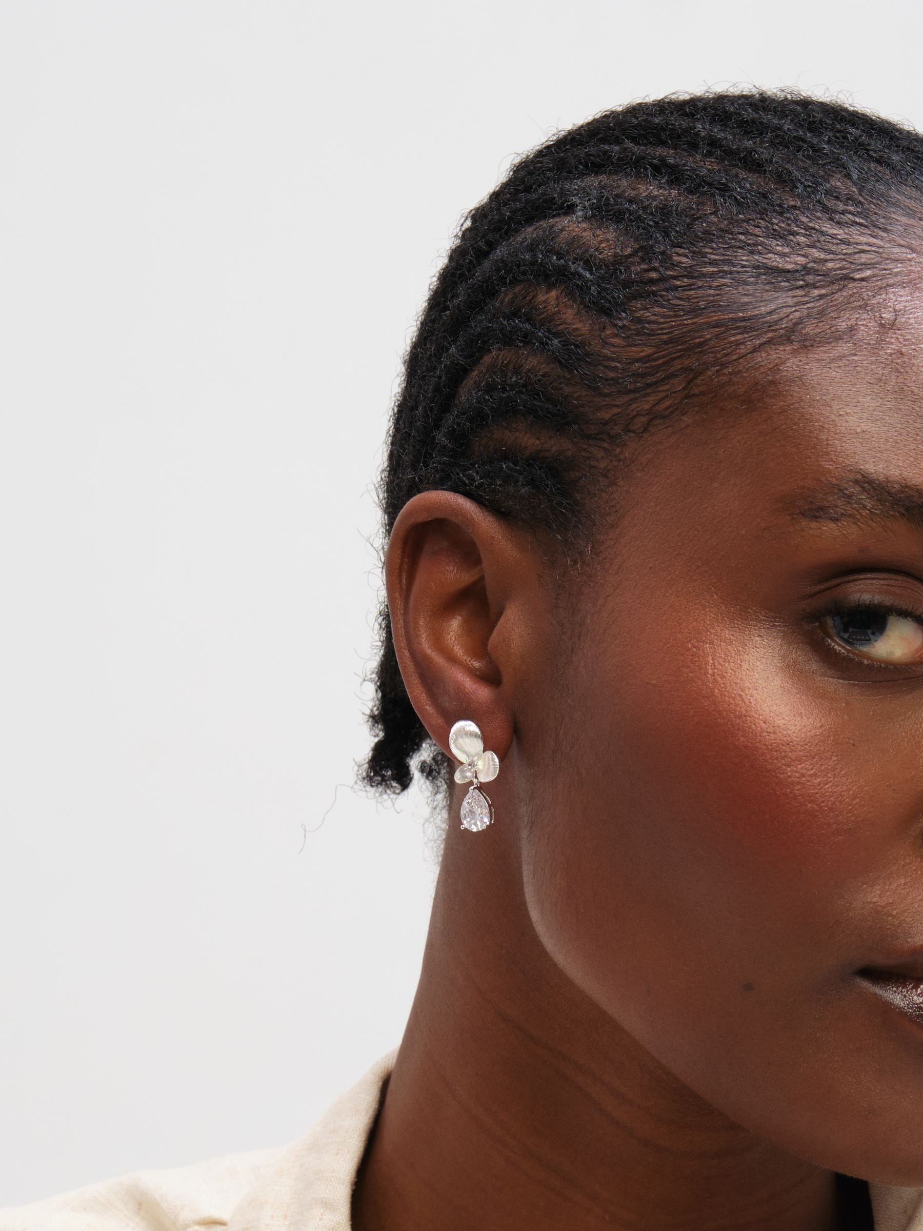Inicio satin floral drop earrings with cubic zirconia (British brand)