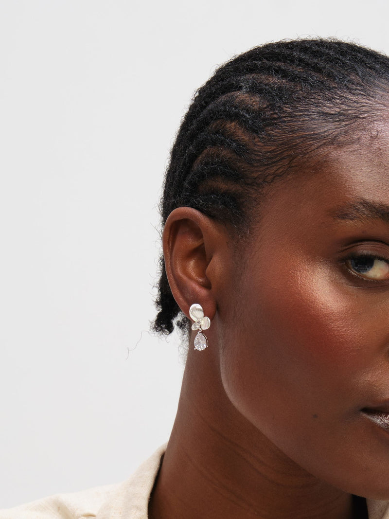 Inicio satin floral drop earrings with cubic zirconia (British brand)