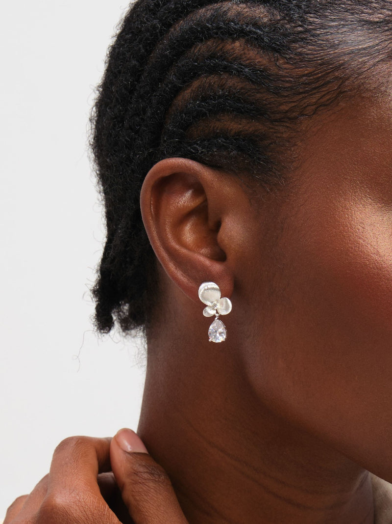 Inicio satin floral drop earrings with cubic zirconia (British brand)