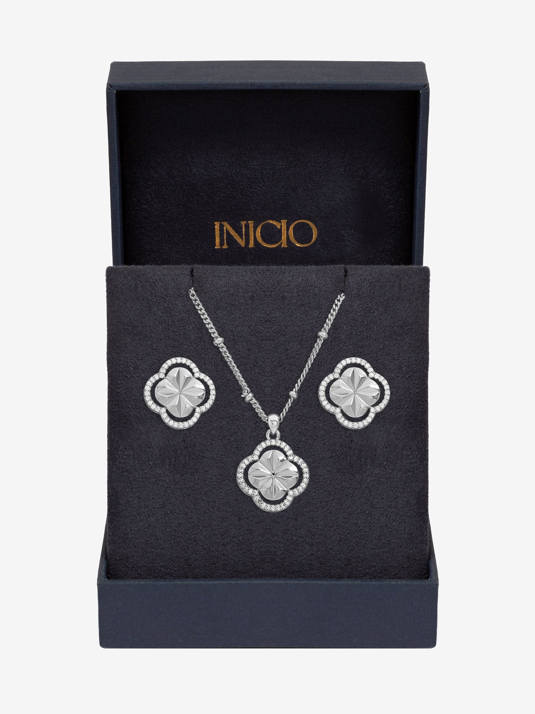 Inicio diamond cut clover set pendant and earrings sterling silver plated (British brand)