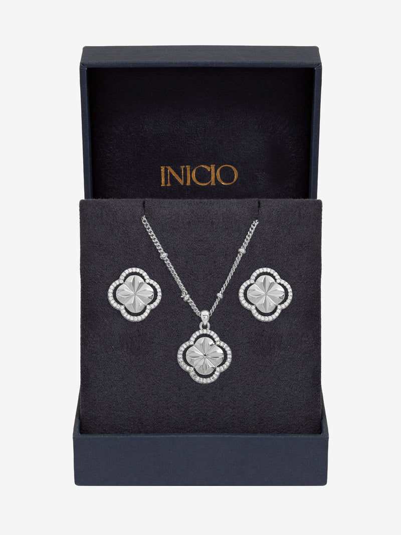 Inicio diamond cut clover set pendant and earrings sterling silver plated (British brand)